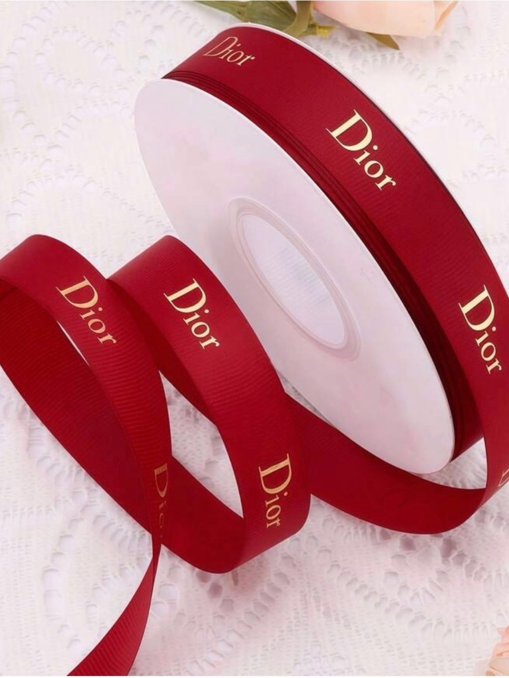 Dior Red Grosgrain Ribbon with Gold Logo 40 yards